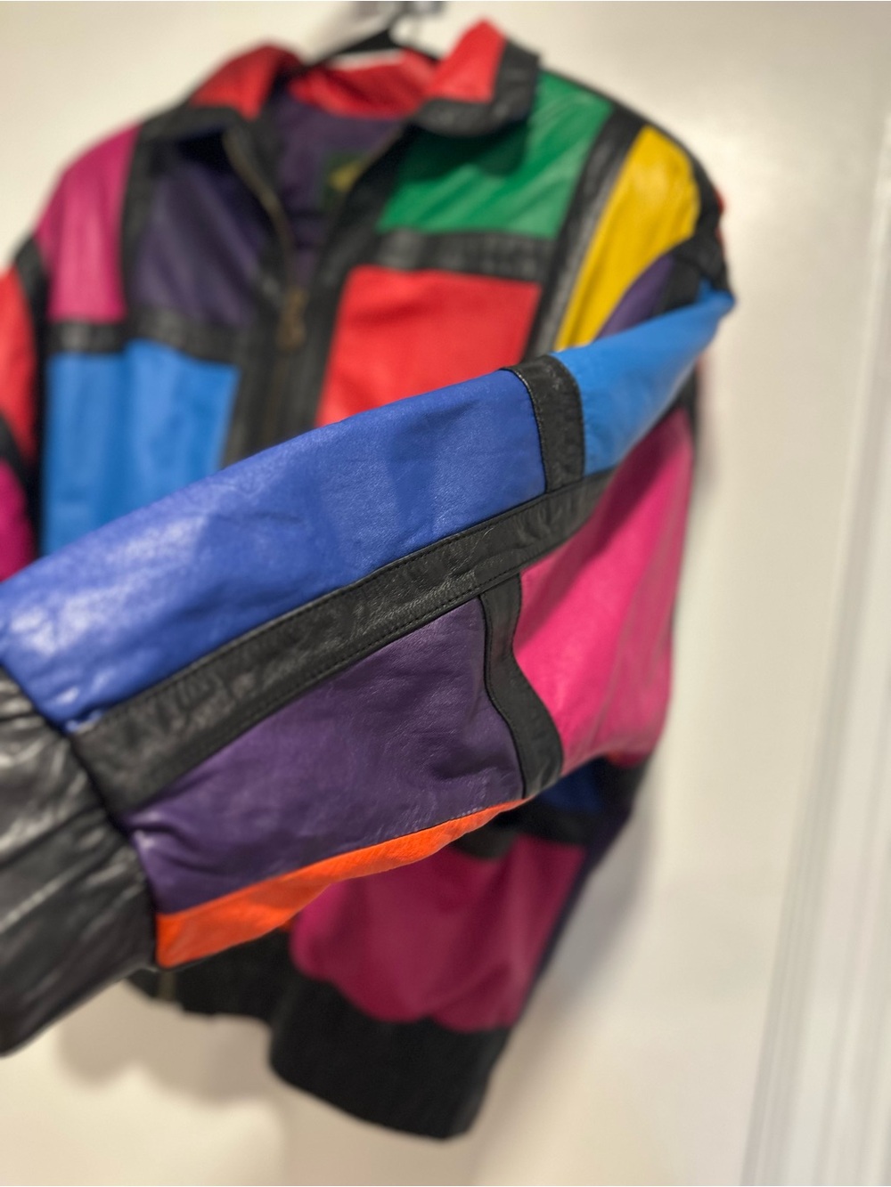 VTG 80s Avanti SzM vivid colorblock leather bomber jacket Oversized Boxy Slouchy - Picture 8 of 14
